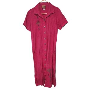 Blue Cactus Vintage Linen Pink Dress  Buttond Front Tribal Art To Wear Size M